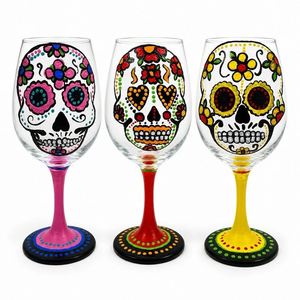 Hand Painted Sugar Skull Wine Glasses Set of 3 Day of the Dead Folk Art